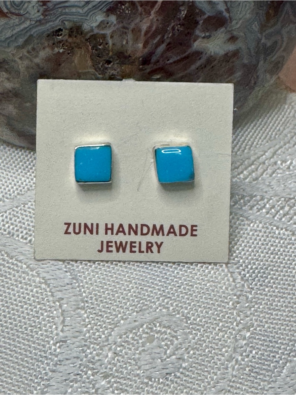 Zuni Handmade Turquoise Square Stud Sterling Silver Earrings